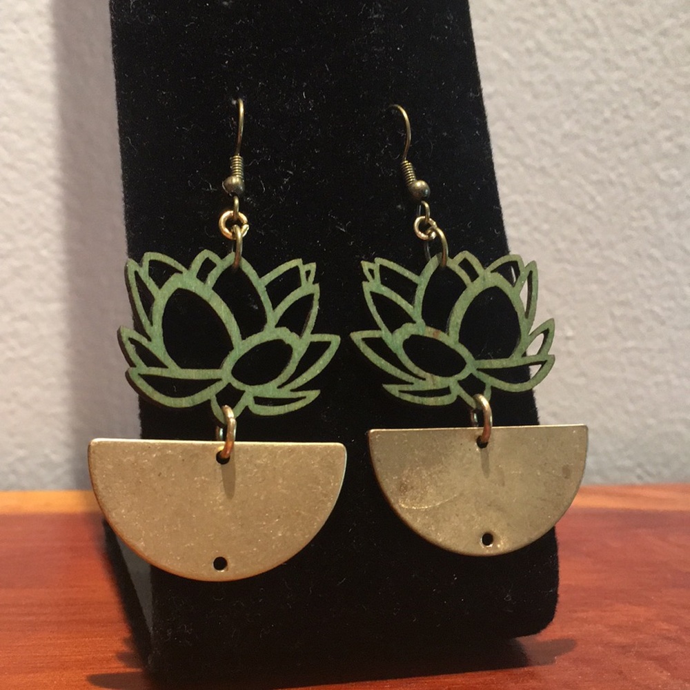 Wood Carved Lotus Charm Earrings